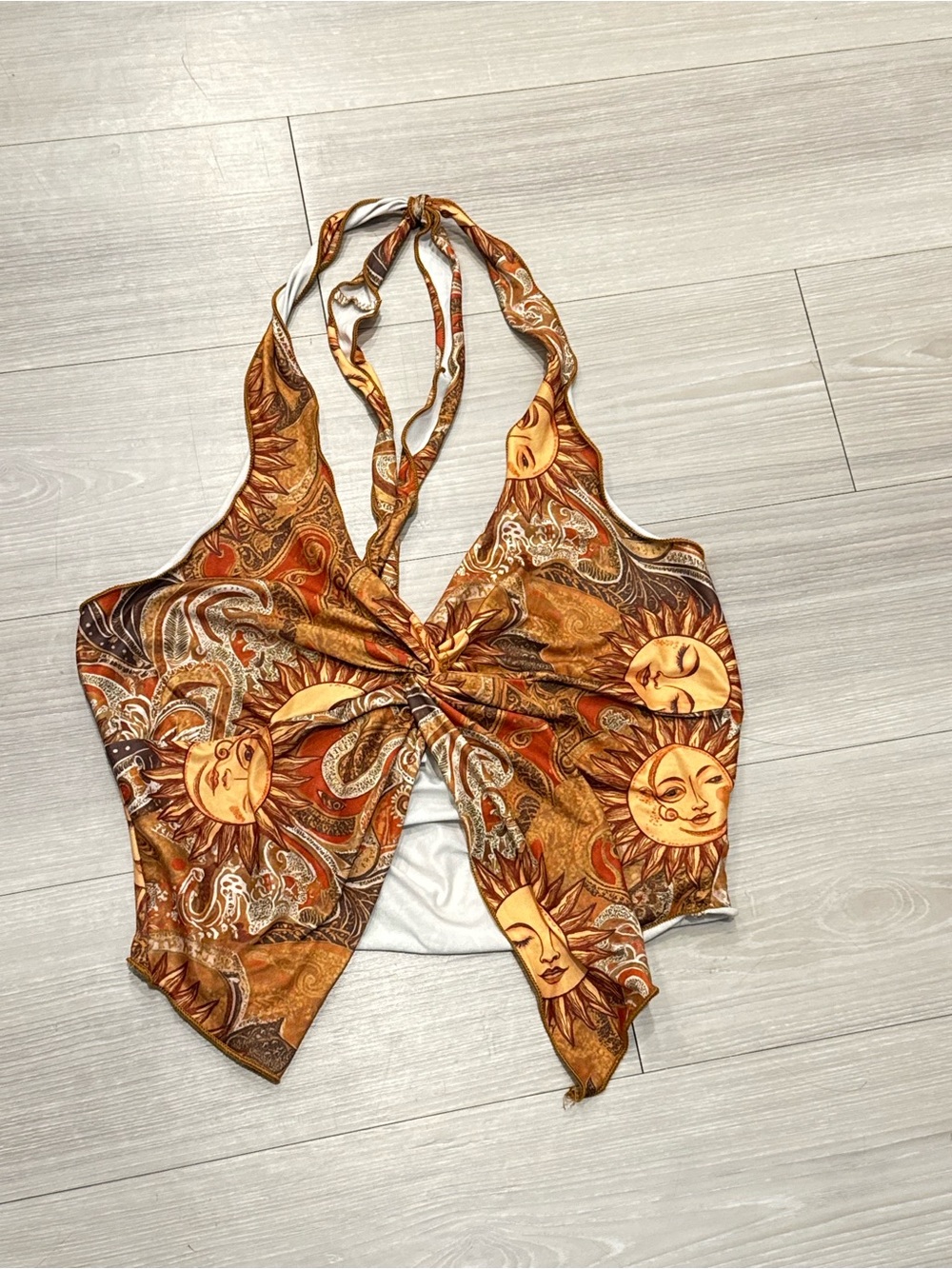 SHEIN Sun Print Halter Tie-Front Camisole in Rust and Gold